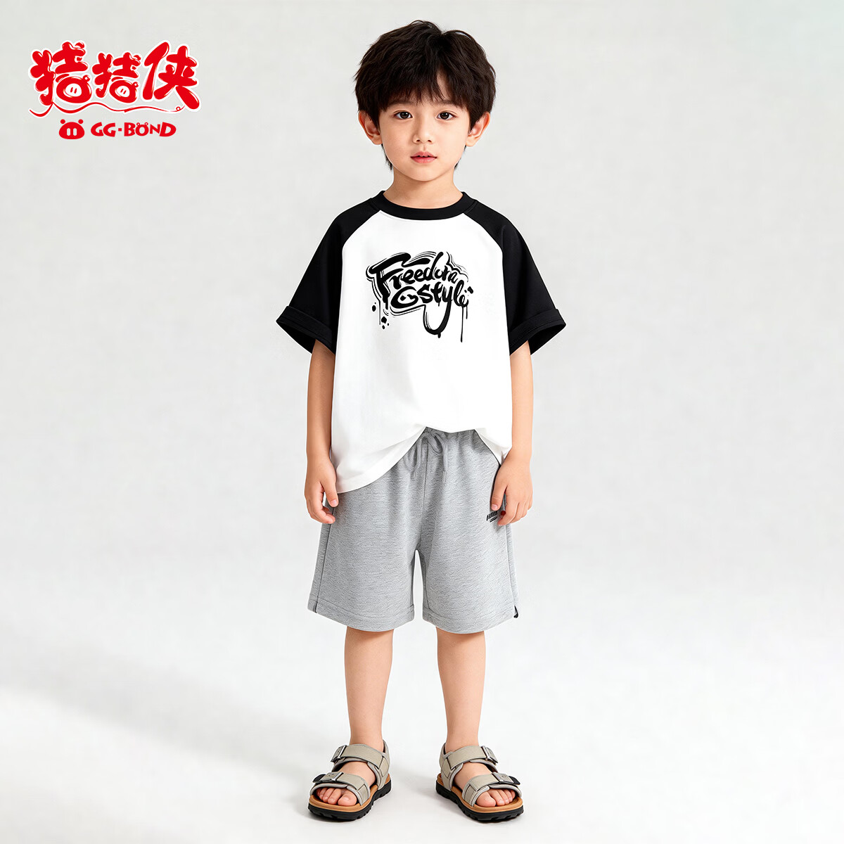 猪猪侠(GG·BOND)儿童短袖T恤2026夏季新款圆领插肩袖T恤拼色纯棉童装 黑色-16 110