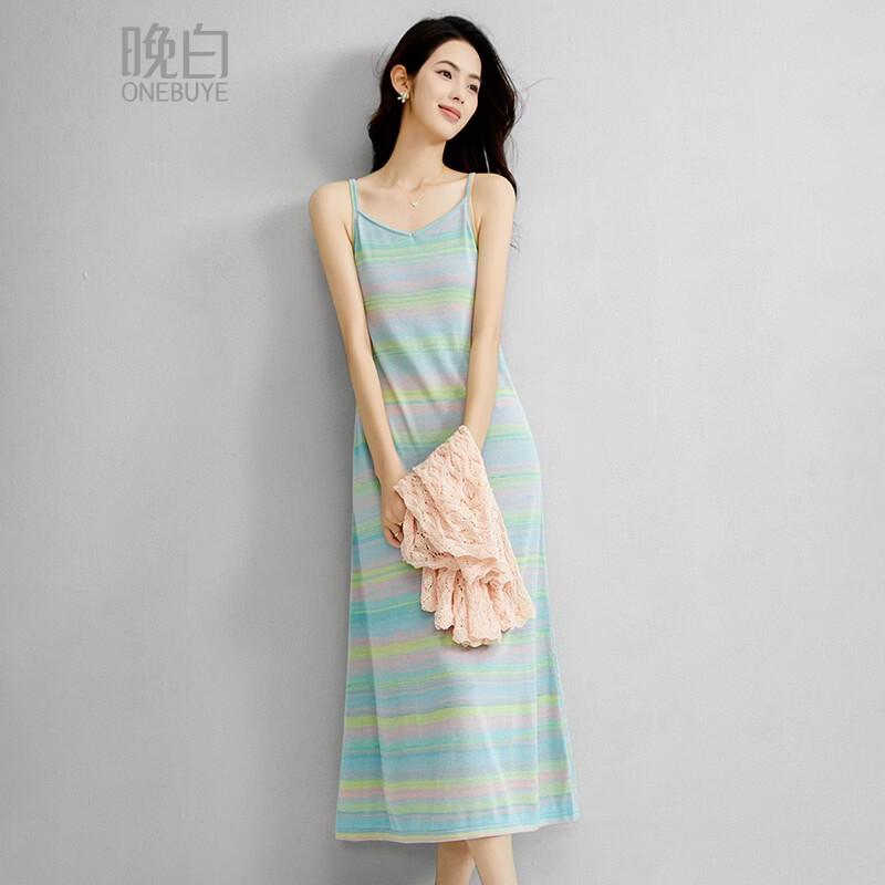 晚白【新品】2026年春款时尚条纹休闲吊带裙修身显瘦舒适减龄连衣裙 蓝色 S