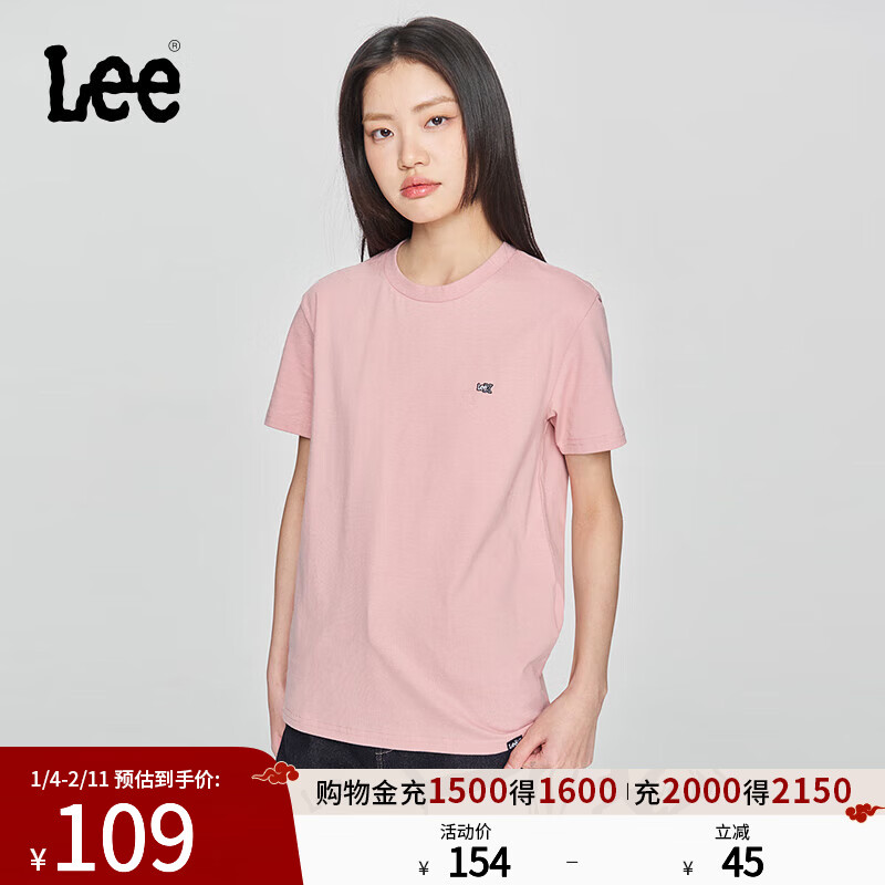 Lee标准版圆领字母印花Logo日常男女同款短袖T恤日常休闲潮流 粉色（尺码偏大，拍小一码） L