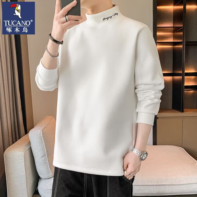 啄木鸟长袖t恤男2025秋冬季新款半高领德绒保暖内搭休闲打底衫卫衣男 白色 M (建议90-110斤)