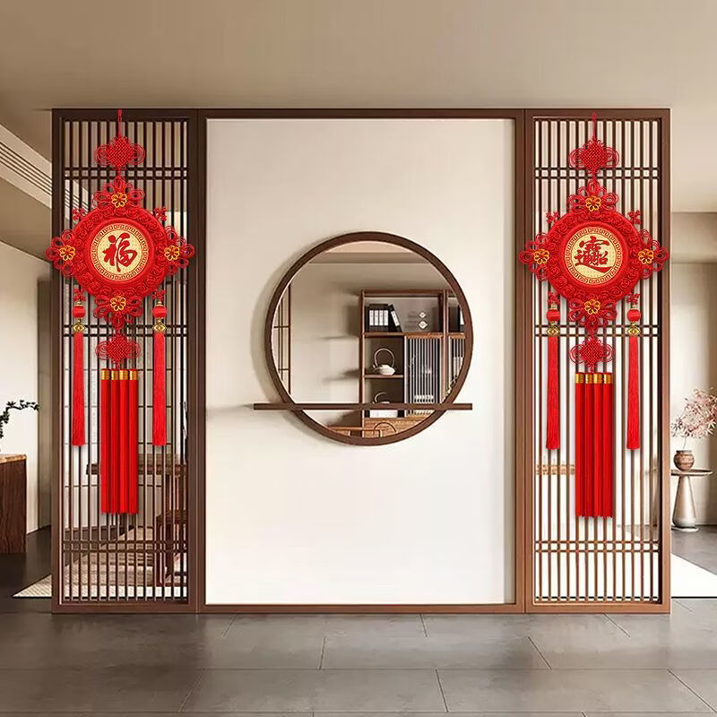 立构中国结挂件高档福字挂件客厅电视墙春节玄关过年中国红桃木挂饰 小号百福图【纯红结】