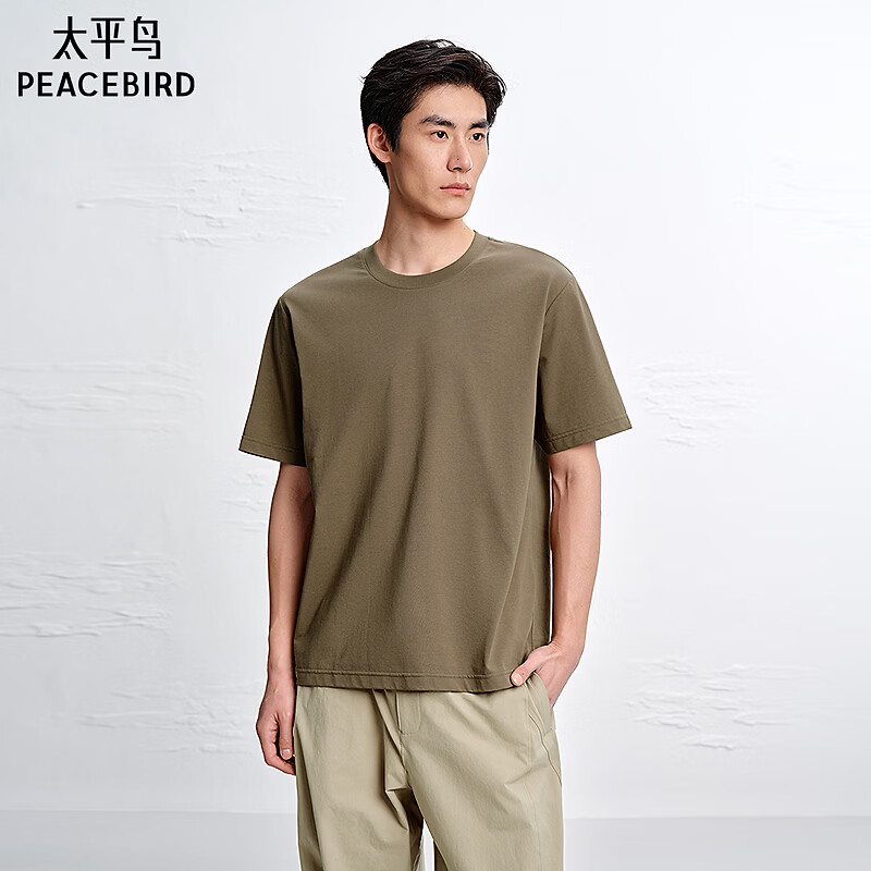 太平鸟【凉感抑菌】太平鸟男装纯色重磅T恤26夏 蔽绿棕 第一批 L