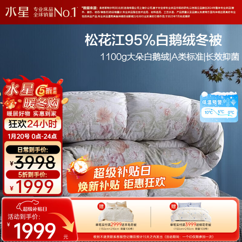 水星家纺羽绒被95%白鹅绒被子冬季加厚冬被芯双人羽绒被220cm×240cm-1100g