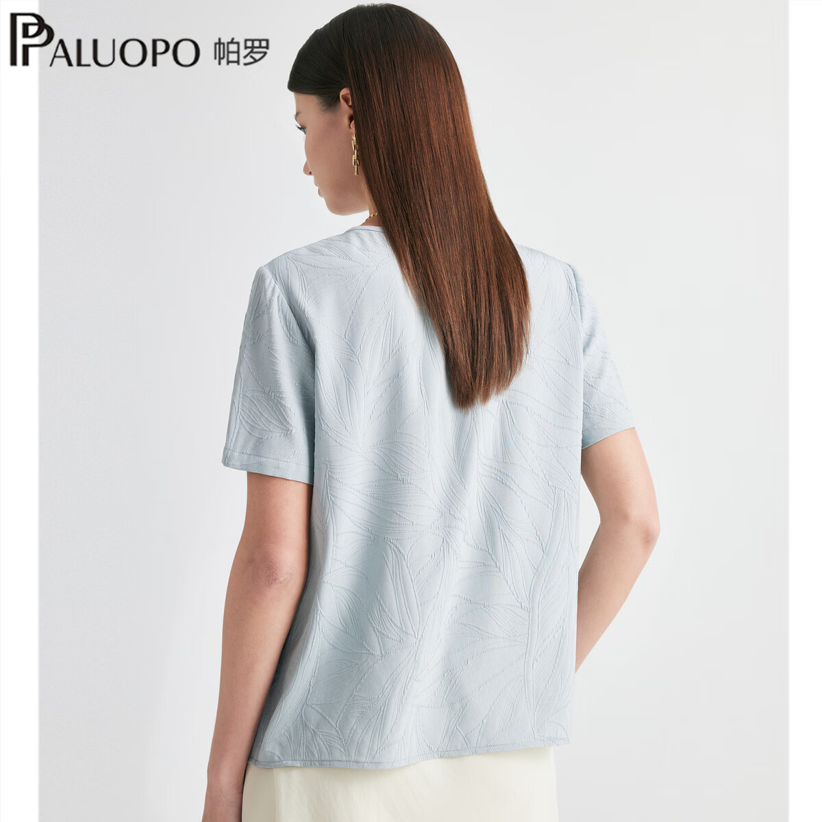 帕罗(PALUOPO)19姆米冠乐绉真丝短袖T恤女2026夏季新款休闲圆领提花半袖上衣 蓝色 XL 170/92A
