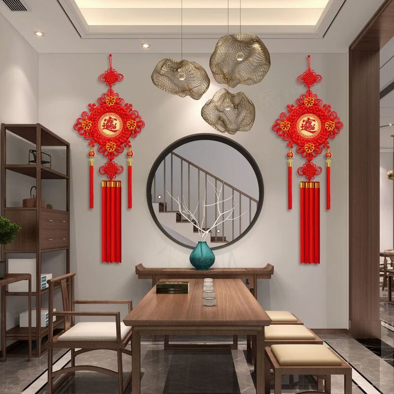 立构中国结挂件高档福字挂件客厅电视墙春节玄关过年中国红桃木挂饰 小号百福图【纯红结】