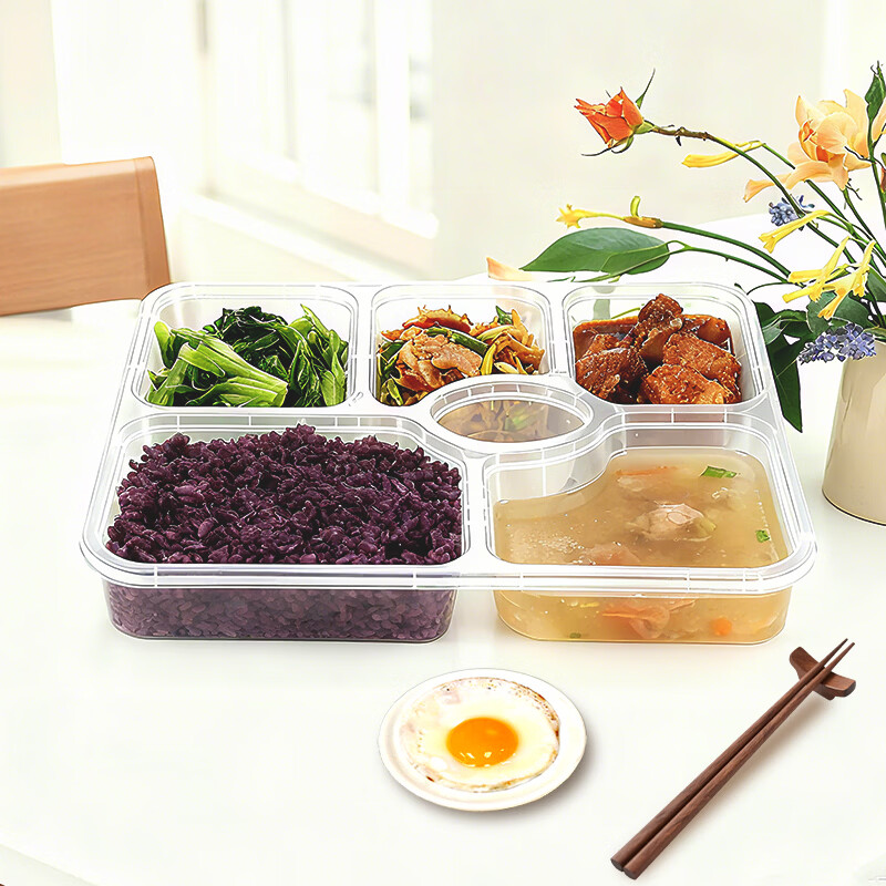 稷王谷1400ml平盖六格餐盒一次性饭盒多格外卖打包盒食品级带盖可微波 【六格餐盒】150套装