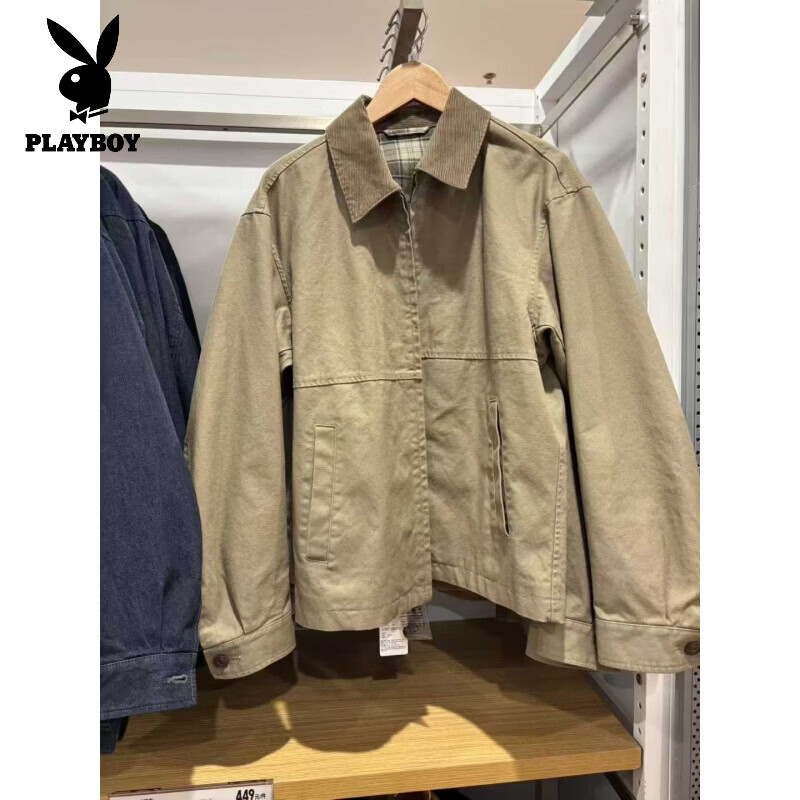 花花公子（PLAYBOY）品牌男女装休闲拉链短茄克外套巴恩风翻领宽松工装夹克 478230 驼色 S