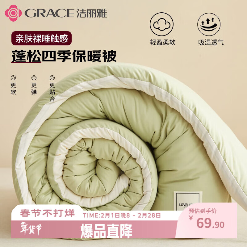 洁丽雅（Grace）纤维被 冬被5斤 150x200cm 奶白绿