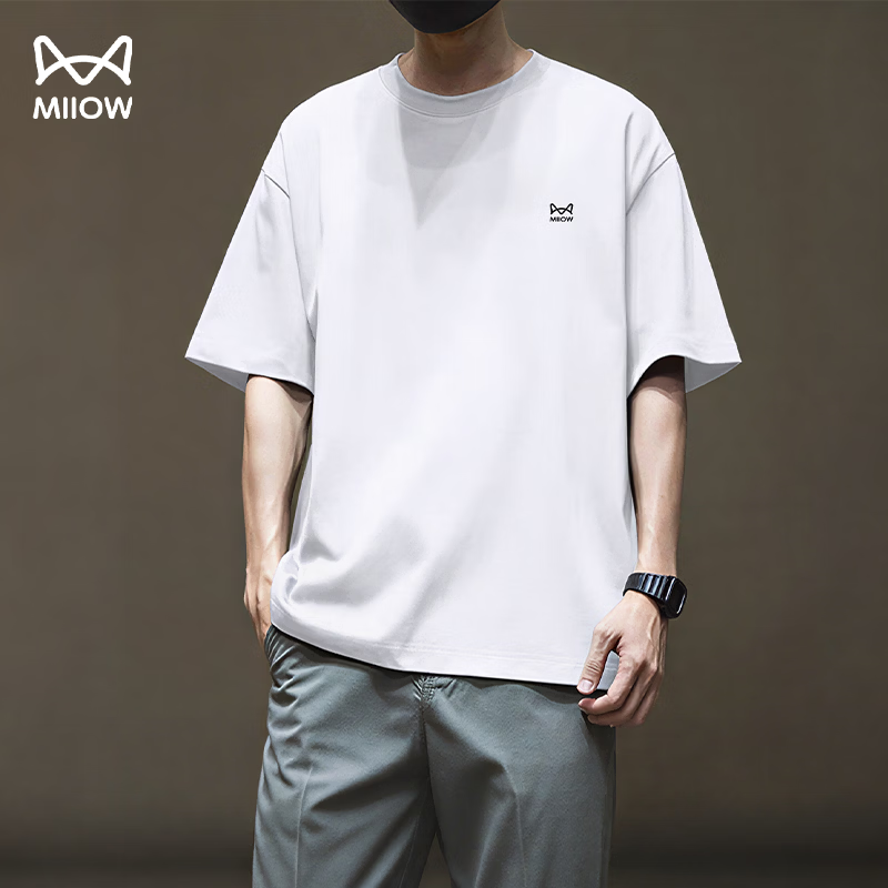 猫人（MiiOW）短袖t恤男2026夏季新款运动健身跑步上衣宽松棉感透气半袖男士 纯净白 （棉感透气-胸口标） L  /175(120-140斤）