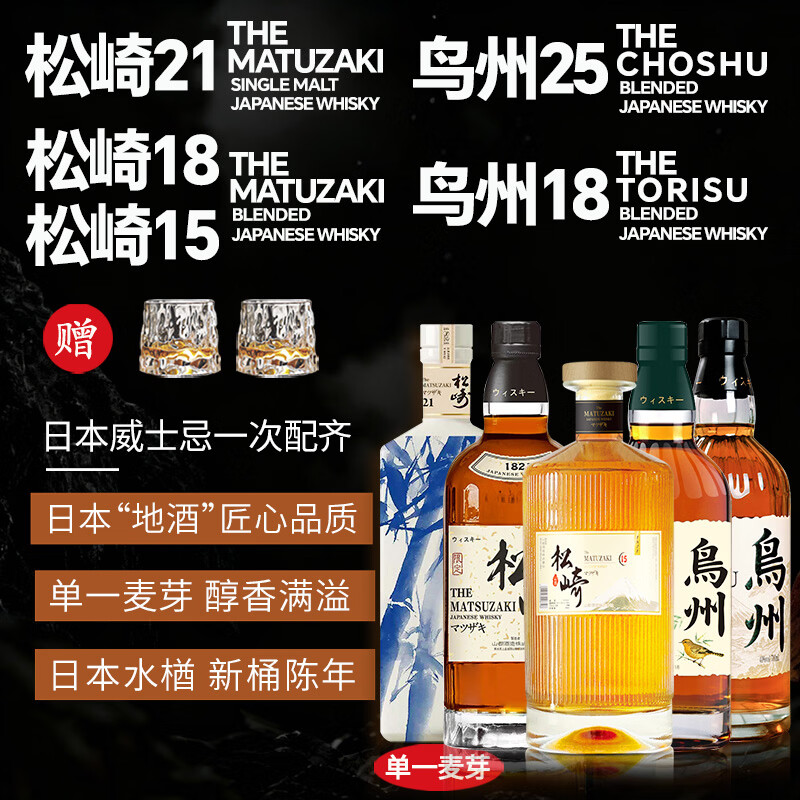 松崎15 18 21单一麦芽日本原瓶进口威士忌酒鸟州18 25威士忌礼盒日威 松崎15+松崎18+松崎21+鸟州18+鸟州25【各1瓶】送对杯