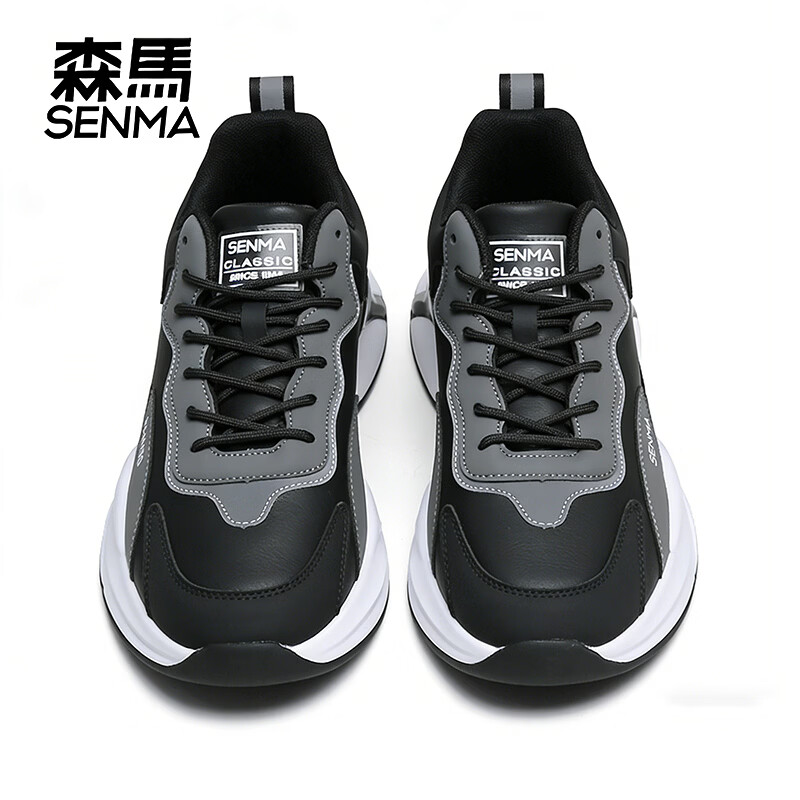 森馬（senma）男士时尚休闲皮面运动鞋潮流百搭厚底防滑跑步鞋 黑色 41