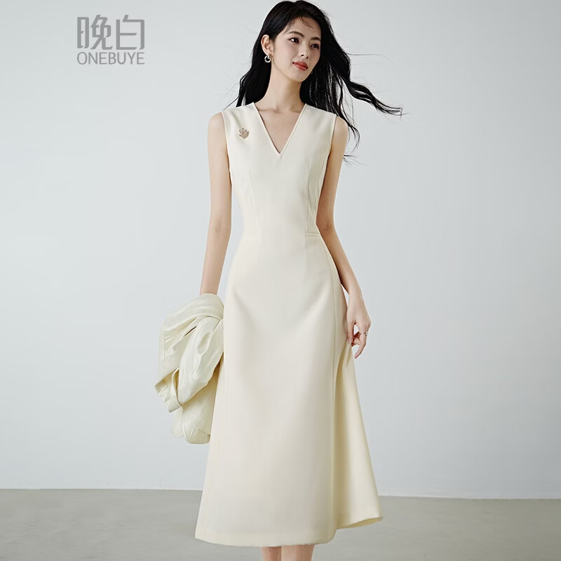 晚白2026春款经典V领正式场合高智感穿搭轻奢裙子显瘦利落无袖连衣裙 米杏色 L