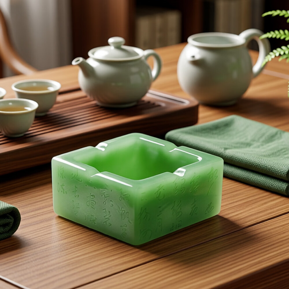 中式古风诗词创意个性烟灰缸装饰摆件客厅茶几办公桌面装饰礼品 仿玉-绿