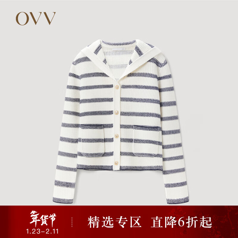 OVV秋冬热卖女装羊毛条纹法式浪漫海军领休闲长袖针织外套 藏青条纹A4 L