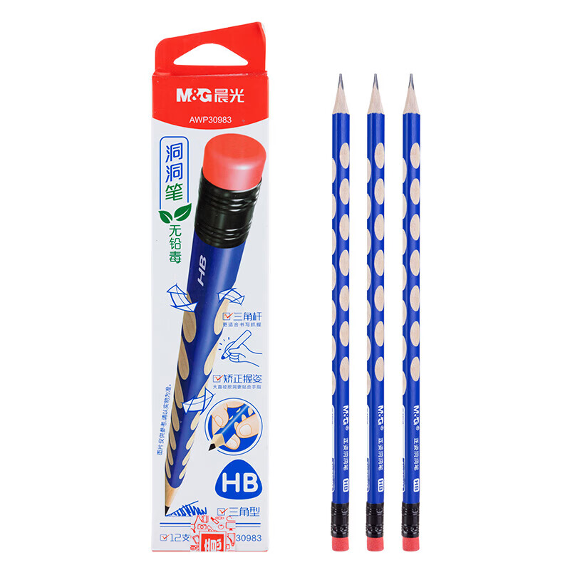 晨光（M&amp;G） 小学生练字铅笔 儿童正姿矫姿 三角木杆铅笔 红点洞洞笔3B三角铅笔带橡皮头 AWP30983 12支装