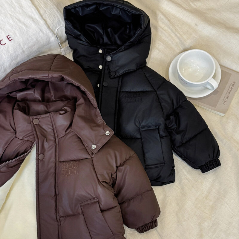 甜贝星秋冬季儿童棉服男童女童中小童宝宝加绒加厚保暖棉袄棉衣PU皮外套 咖啡色 150 cm