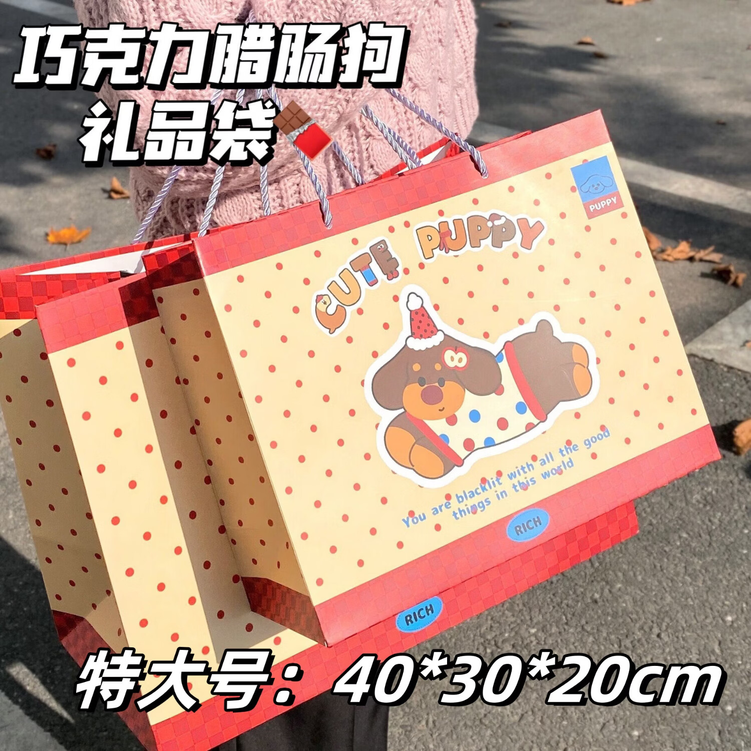 FASSON礼品袋特大号生日礼物袋子高颜值装鞋盒手提袋毕业礼物可爱纸袋 腊肠狗礼袋特大号【1个装】