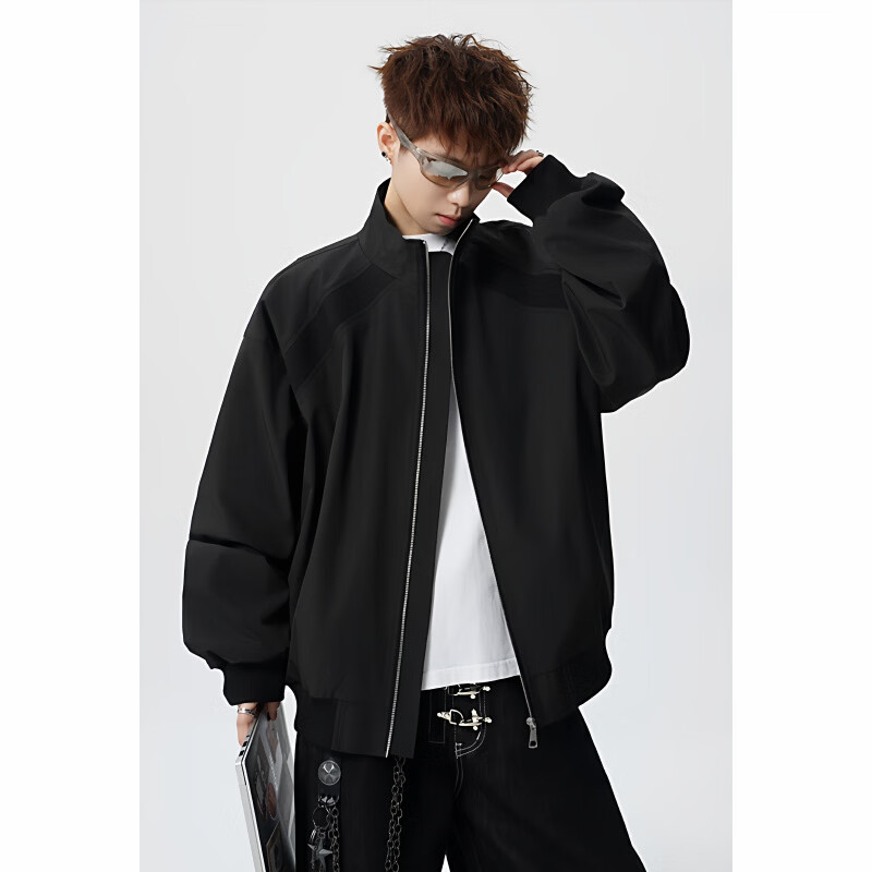 轩森图（XUANSENTU）紫色美式飞行夹克男款春秋季cleanfit解构拼接立领短宽棒球服外套 黑色【都现货现发】 4XL