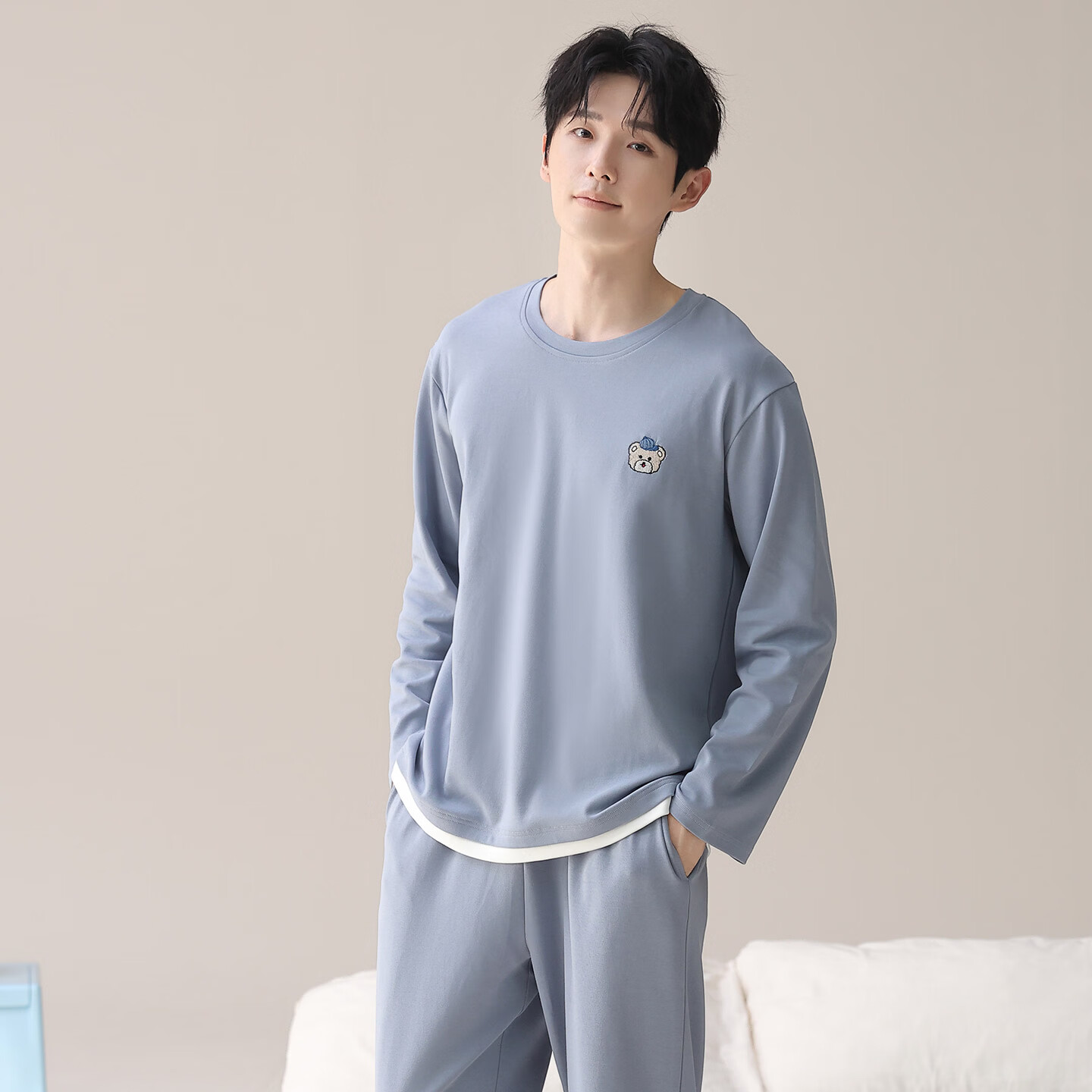 芬腾可安(FENTENGCARE)睡衣男士纯棉2026年春款休闲运动可外穿家居服套装 灰蓝 L