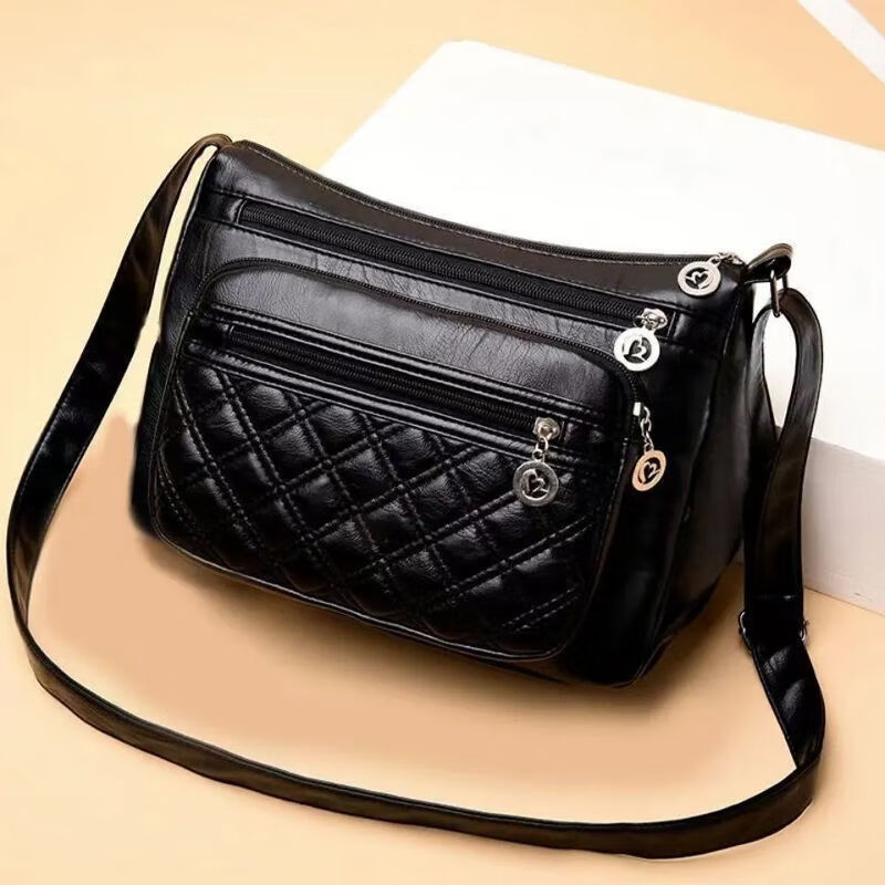 鹿色2025新款包包时尚中年女士单肩斜挎包女包软皮斜背包妈妈包婆 黑色195升级耐磨