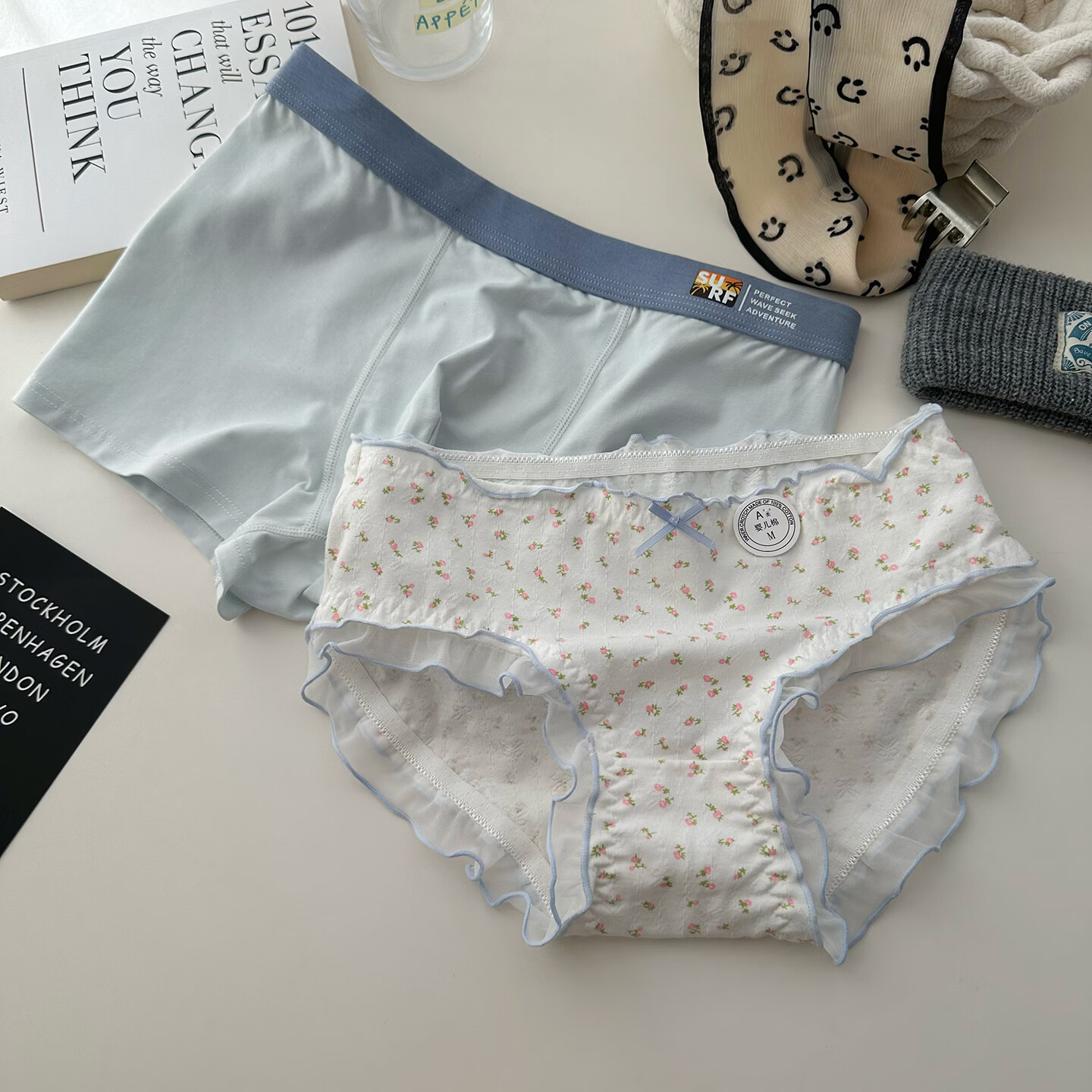 羅亨士情侣内裤纯棉一男一女生双人短裤性感蕾丝边可爱透气舒适平角内裤 刺绣花情侣款 2XL 男+女L码