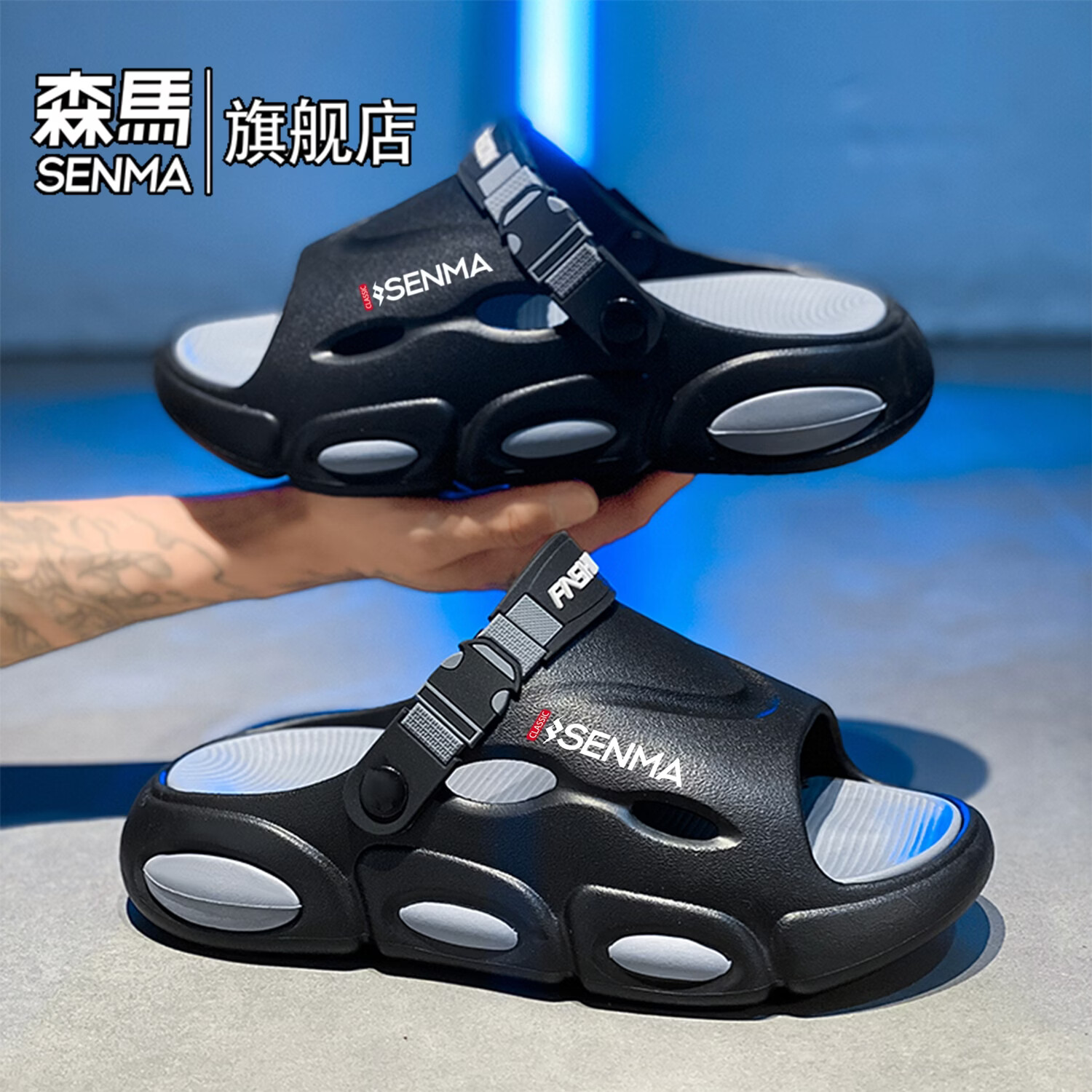 森馬椰子拖鞋2026新款夏季外穿增高厚底防滑凉拖男士开车两用沙滩凉鞋 黑灰【基础款】 38-39 现货秒发