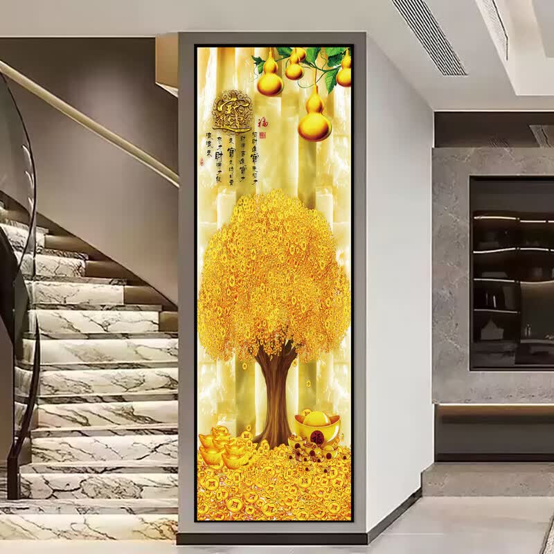 流水生财玄关装饰画入户走廊过道贴画客厅壁画现代简约立体自粘画 38.流水生财 宽80cm-高240cm