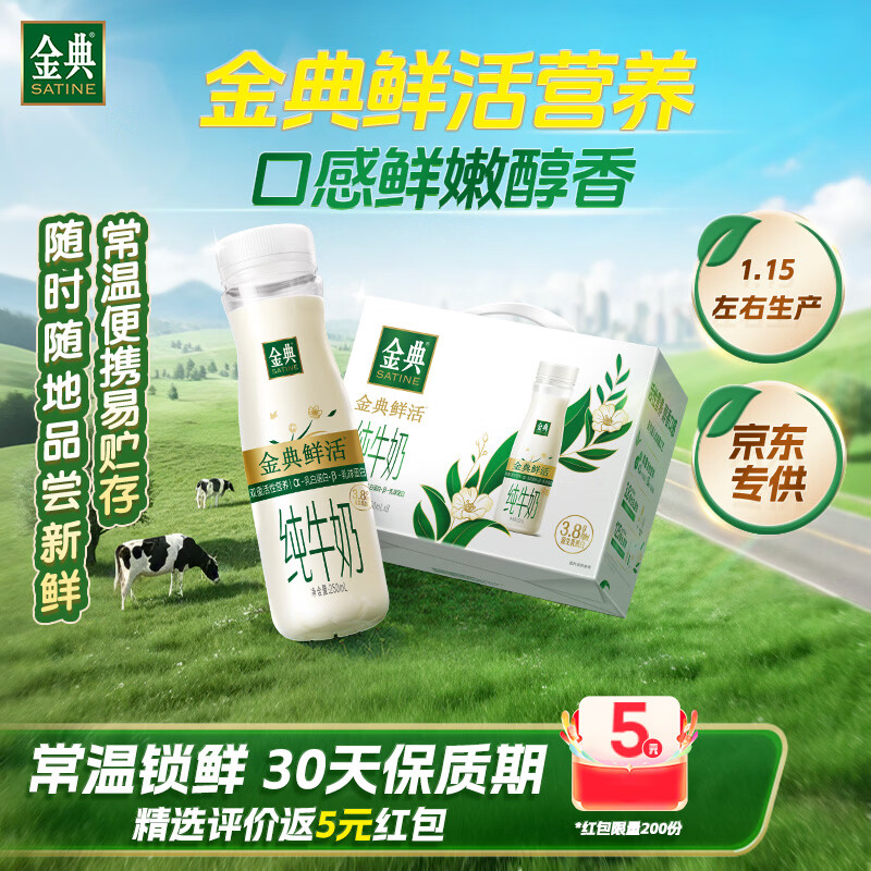 伊利金典3.8g乳蛋白 鲜活纯牛奶250ml*8瓶 30天常温短保 年货礼盒装