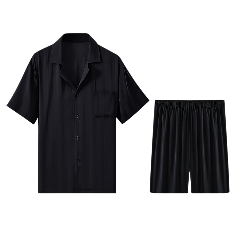 雪中飞男士家居服缎面冰丝暗条纹睡衣男款短袖短裤套装居家大码可外穿 NSMLZ-神秘黑 【凉感冰丝】 L 推荐【100-125斤】