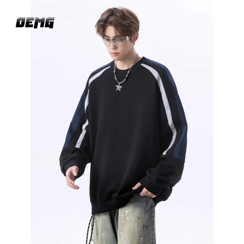 OEMG  无帽圆领卫衣男士春秋冬季新款美式长袖内搭情侣上衣服外套 黑色 【高品质】 XL [建议110-130斤]