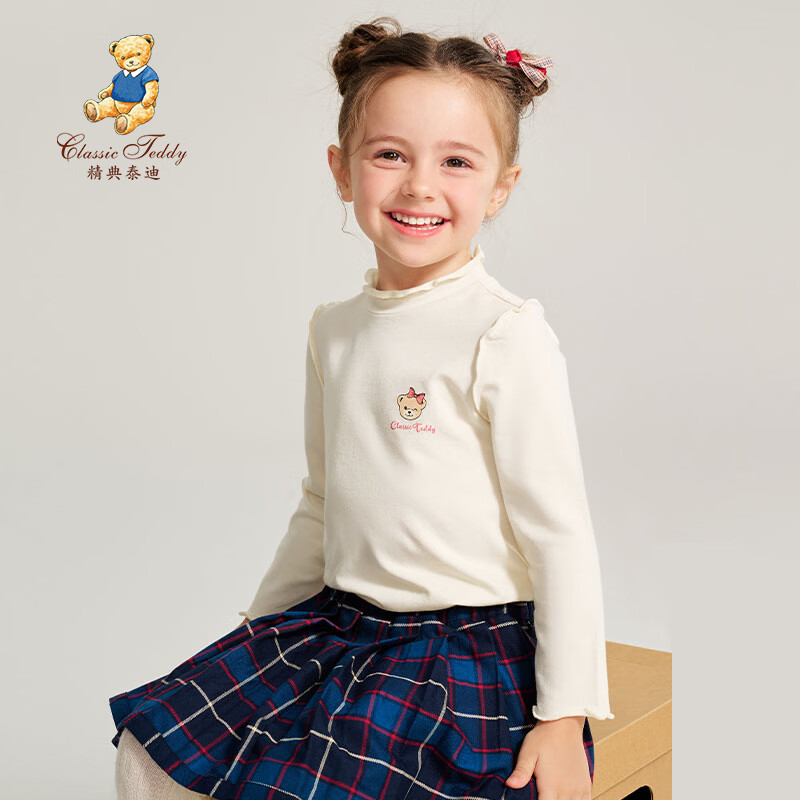 Classic Teddy儿童上衣女童秋季精致花边圆领套头打底衫T恤童装秋装新品 精致花边打底衫-米白 90