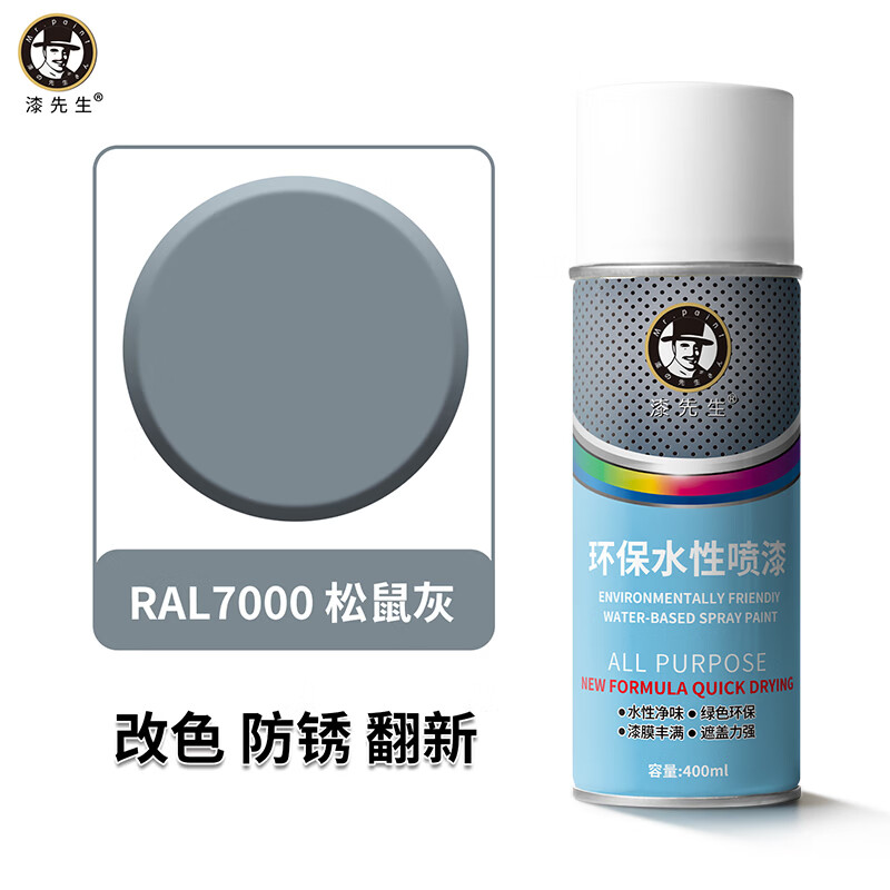 漆先生自喷漆劳尔RAL7000松鼠灰RAL7040窗灰色金属水性漆防锈防腐手喷漆家具门窗翻新栏杆机柜改色墙面涂鸦水性喷漆 RAL7000松鼠灰 400ml