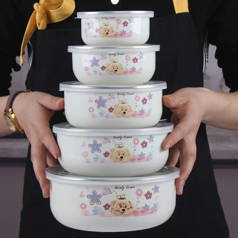 欧丽家 珐琅密封碗保鲜碗套装密封碗五件套 圆形带盖便当盒搪瓷碗饭盒  小熊五件套