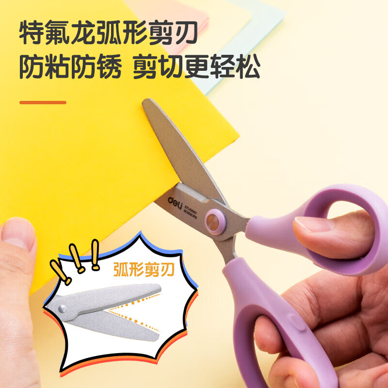 得力（deli）学生剪刀儿童安全剪刀带保护套小学生幼儿园宝宝手工剪纸用安全剪不伤手宿舍用小号圆头小剪子 【防粘胶剪刀】黄绿 6074-S
