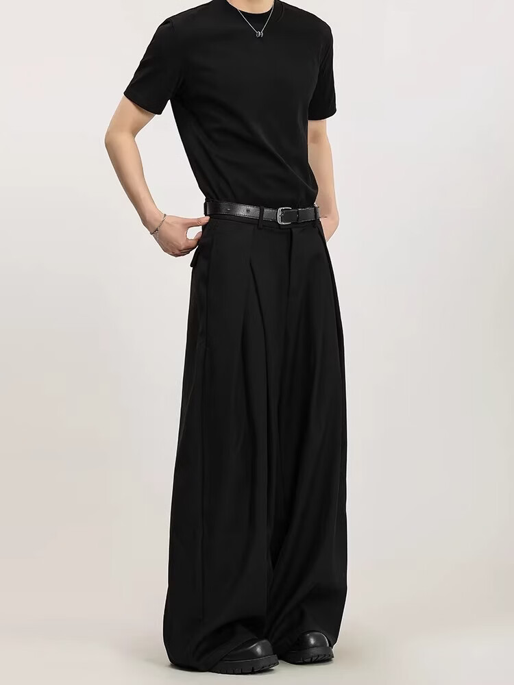 OEMG 立体褶皱小西休闲裤子男士春秋季直筒宽松cleanfit阔腿设计长裤 黑色 【高品质】 XL [建议110-130斤]