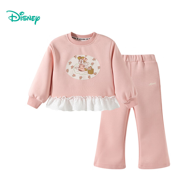 迪士尼（Disney）女童甜美休闲拼接花边卫衣微喇裤套装耐磨舒适春秋季26年新款套装 桃粉色 140 （建议8-10岁身高130-140cm)