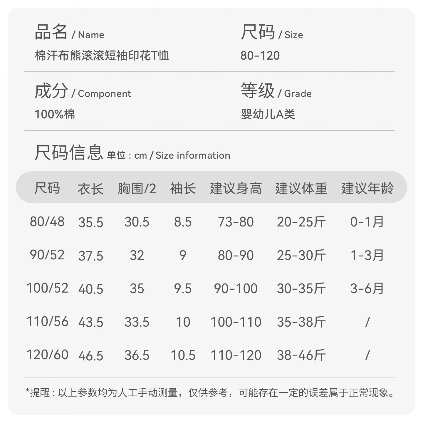 欢喜小熊 童装儿童短袖t恤纯棉上衣宝宝夏装新款女宝卡通纯棉T恤舒适透气 棉汗布熊滚滚短袖印花T恤 90 (建议18-24月身高80-90cm)