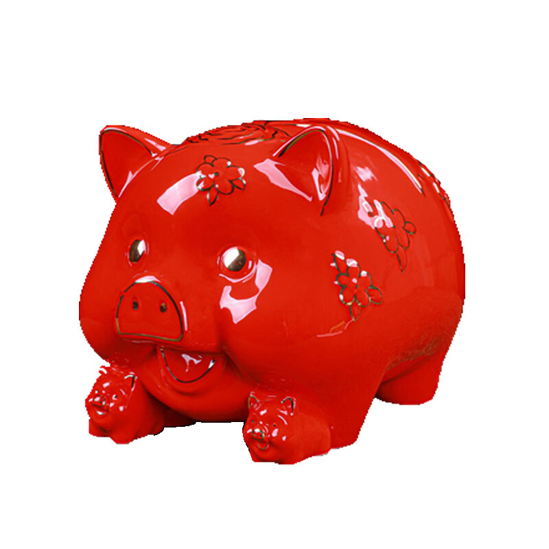 萌趣生肖猪陶瓷存钱罐 纳财进宝创意摆件 客厅玄关开业乔迁好礼 不存不取红色蝴蝶猪18x13x15cm