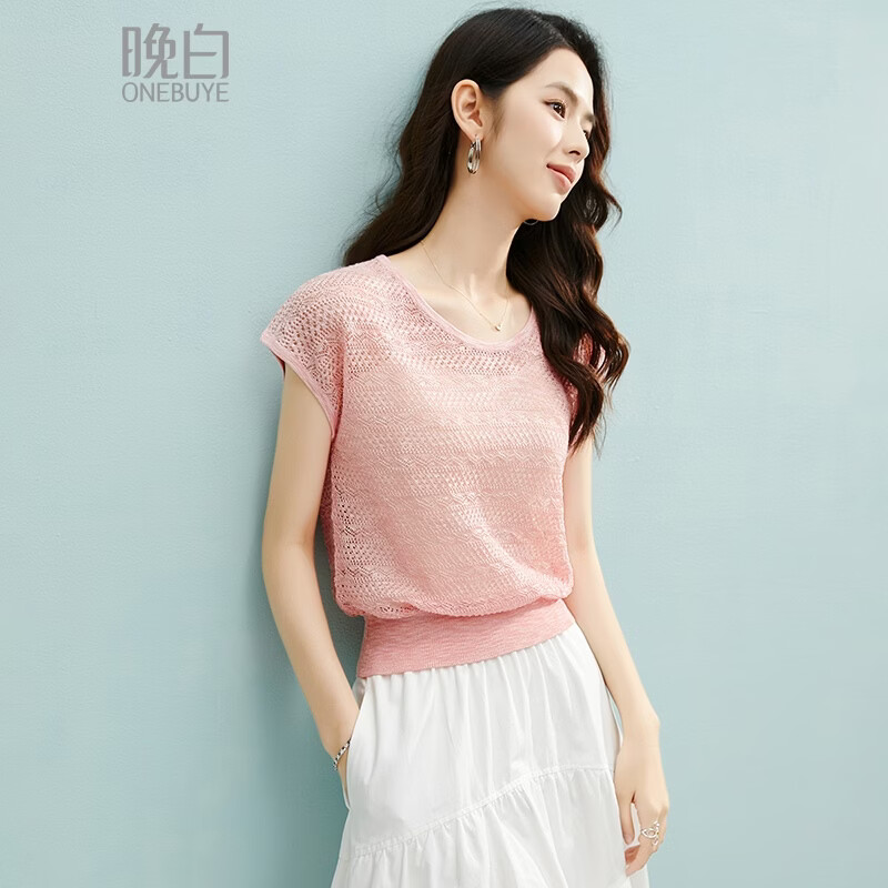 晚白【新品】2026年春款U领清爽上衣时尚镂空花纹无袖针织衫女 桃红色 S