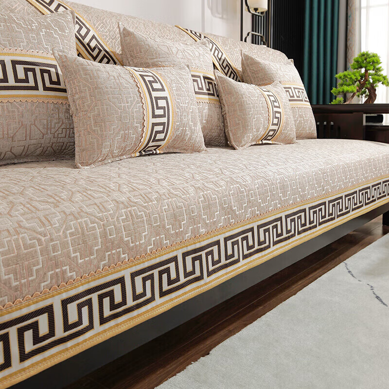 新中式实木沙发套罩1 2 3组合中式沙发坐垫子雪尼尔座垫四季通用防滑