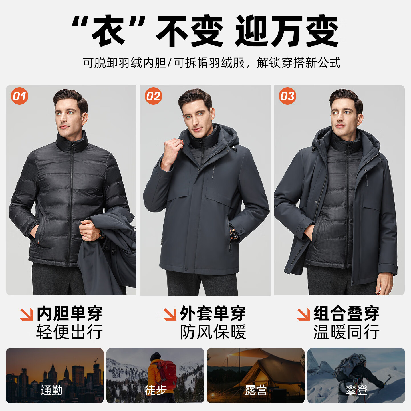 罗蒙(ROMON)【一衣多穿+鹅绒】羽绒服男新款中老年爸爸装加厚保暖干部装外套 25615黑色【连帽+可拆内胆】 M (170) 【建议100-120斤】