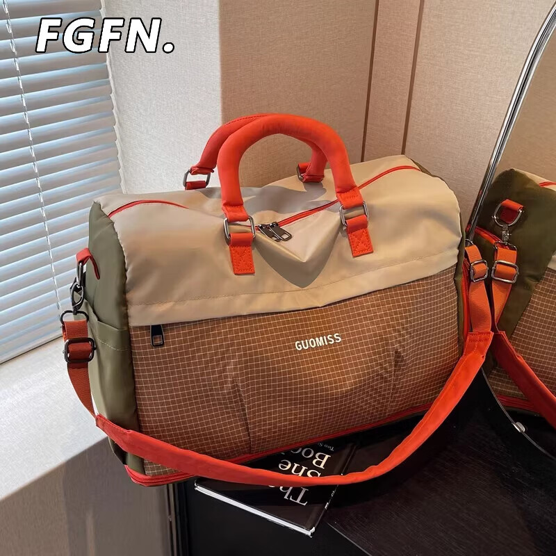 FGFN旅行包大容量女短途登机包出差手���包轻便行李包男旅游运动健身包 灰色可扩展+鞋仓+套拉杆【适合3-5天旅游】