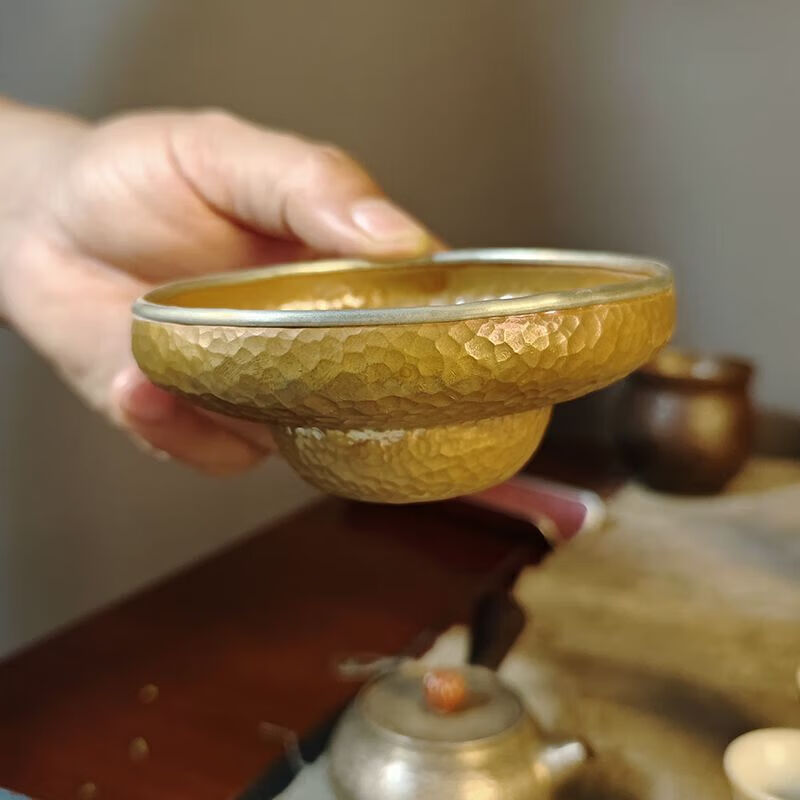 日式复古纯紫铜包锡边投茶器手工锤纹茶滤漏斗茶漏导茶器茶具配件 包锡边投茶器(黄色)