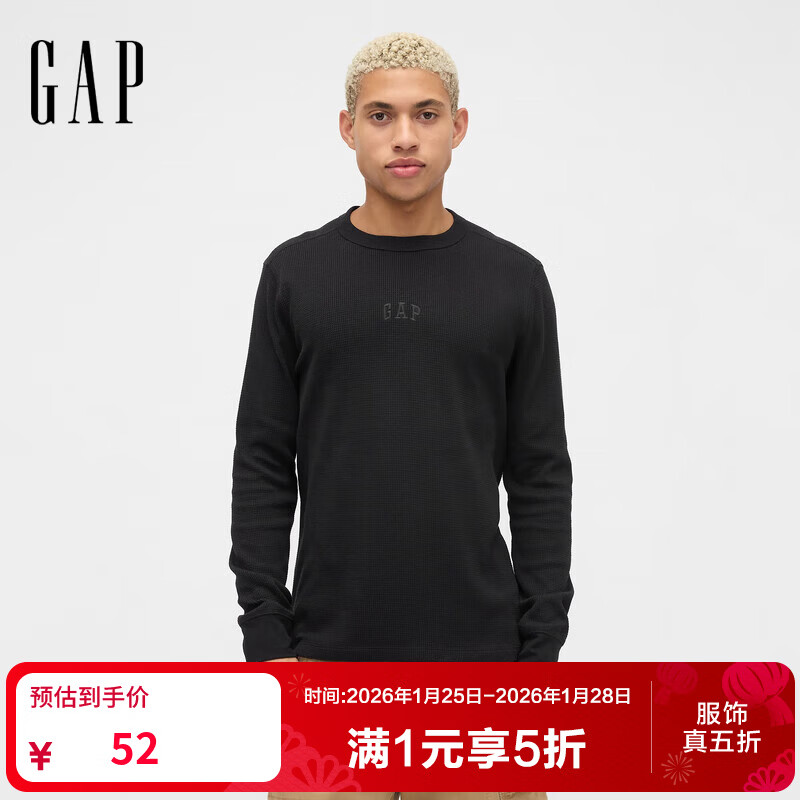 盖璞（GAP）男女装2025秋季新款LOGO华夫格长袖T恤休闲常规上衣美版 黑色 M 美码 L亚洲码180/96A