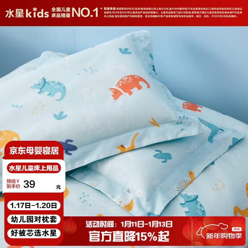 水星儿童（MERCURY Kids）幼儿园全棉抗菌对枕套(湖水绿/远古龙)30cm×50cm 婴幼儿A类