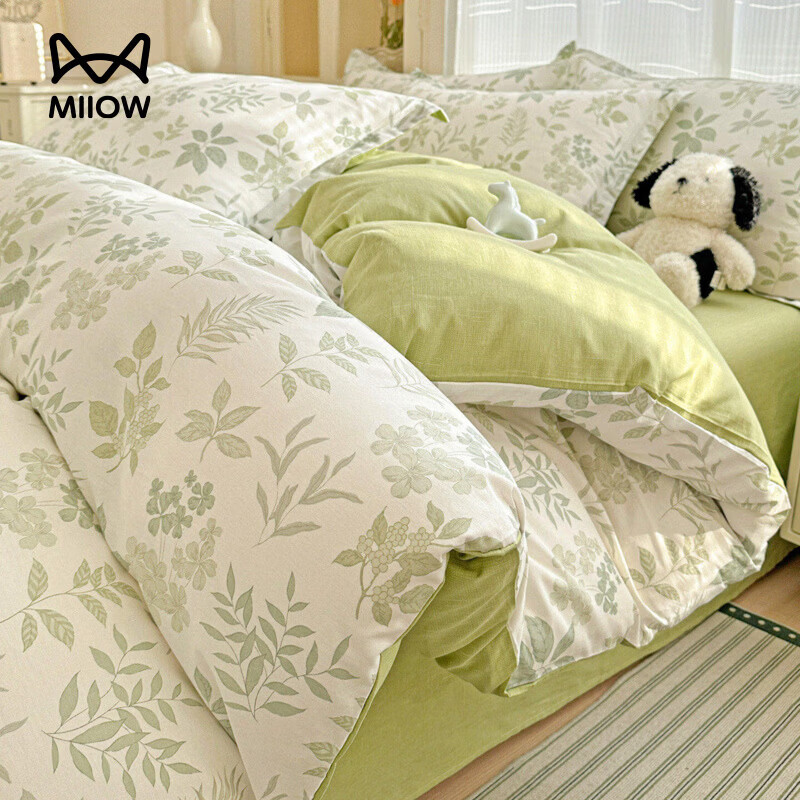 猫人（MiiOW）全棉床上四件套纯棉小清新床单被套罩单双人宿舍床品三件套 洛克庄园-绿 1.8 床笠款 四件套（被套200*230cm）