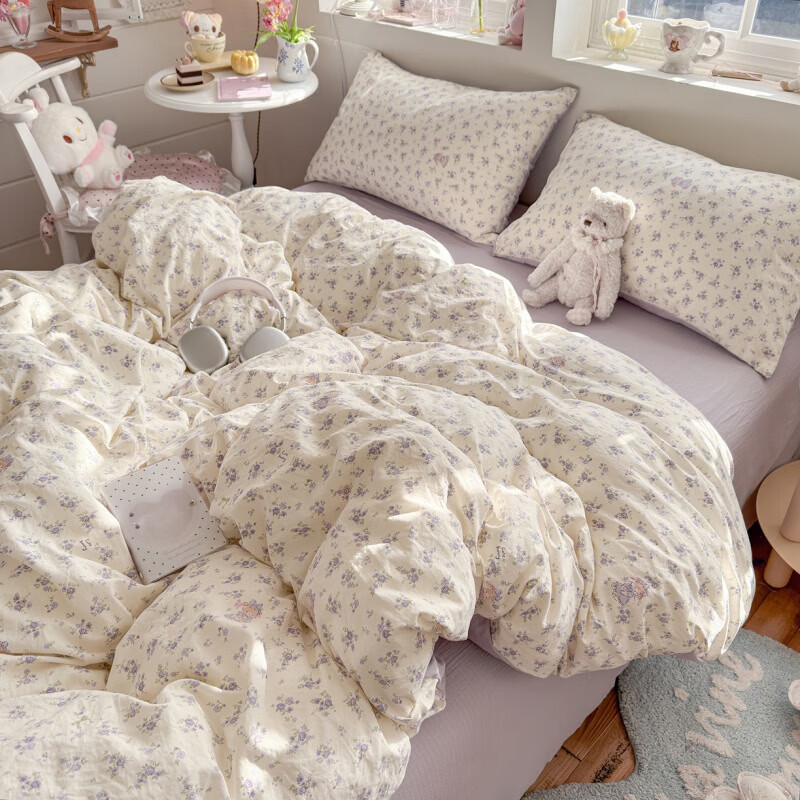 一默四件套2026款A类古法水洗仿棉云感纱被套床单床笠枕套家用四件套 花集小兔 2.0m 床单款 （被套200*230cm） 四件套