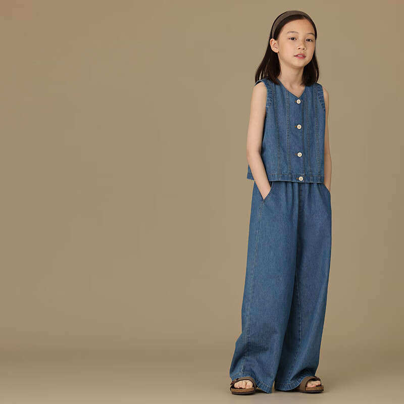 哈齿（hacikis）哈齿童装儿童牛仔套装女大童夏装亲子纯棉宽松背心拖地阔腿裤长裤