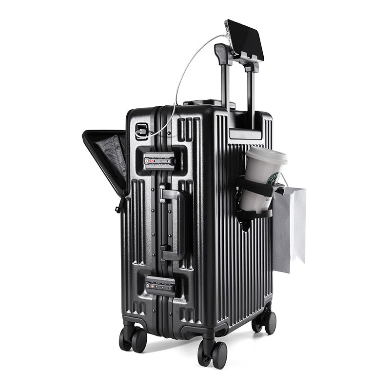 Walker Shop行李箱2026新款前开口商务登机箱多功能托运拉杆箱密码旅行箱 黑色 20英寸 【登机箱/前开盖+杯架+刹车轮】