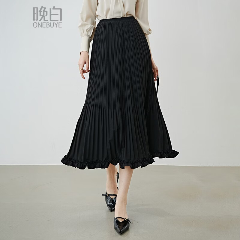 晚白【新品】2026年春款弹力松紧腰半裙显瘦垂顺重工花瓣木耳边百褶裙 黑色 M